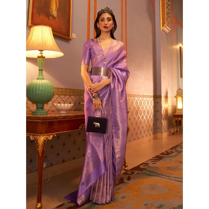 Odette Purple Woven Design Silk Blend Handloom Saree with Unstitched Blouse for Women