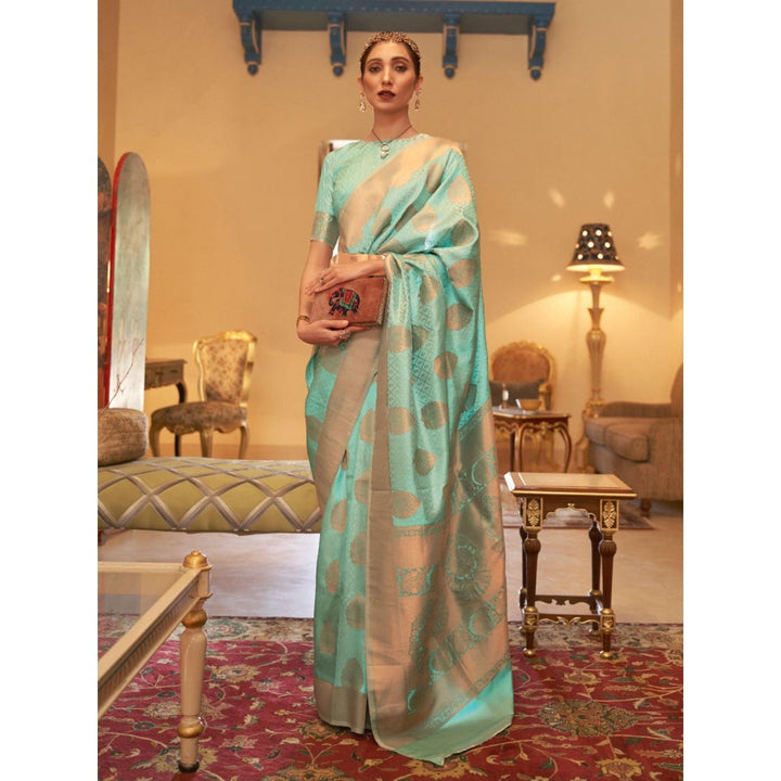 Odette Sea Green Woven Design Silk Blend Handloom Saree with Unstitched Blouse for Women