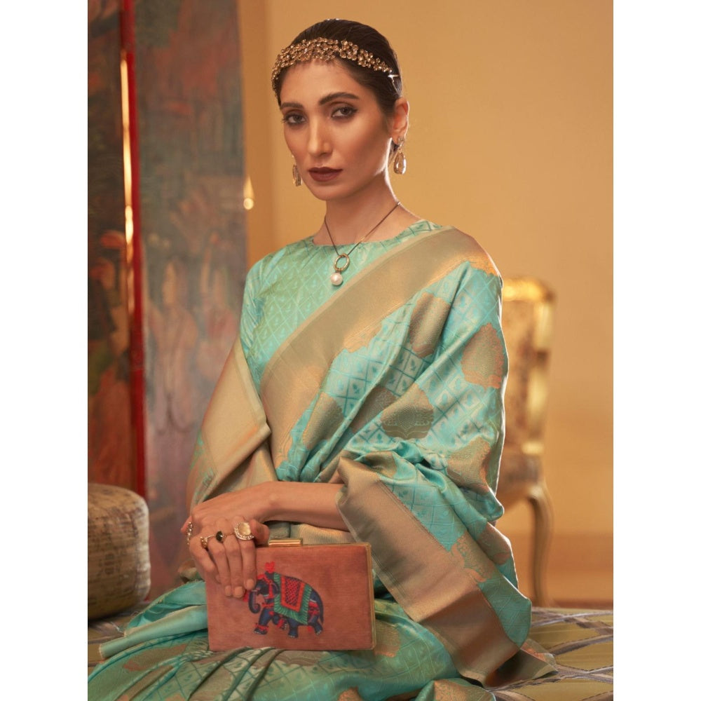 Odette Sea Green Woven Design Silk Blend Handloom Saree with Unstitched Blouse for Women