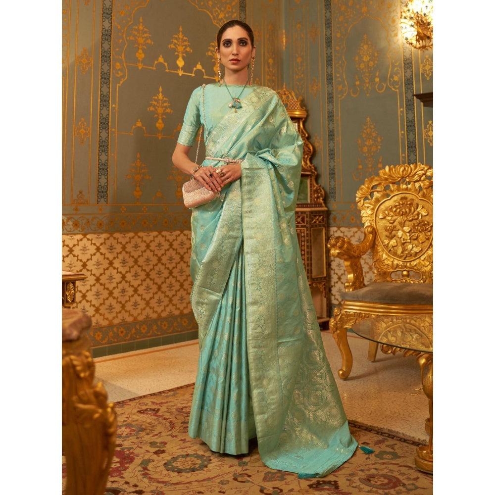 Odette Sea Green Woven Design Silk Blend Handloom Saree with Unstitched Blouse for Women