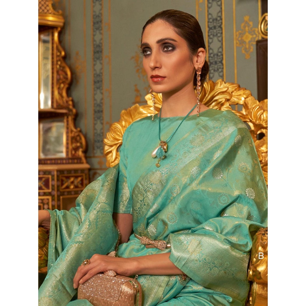 Odette Sea Green Woven Design Silk Blend Handloom Saree with Unstitched Blouse for Women