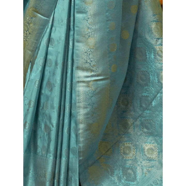 Odette Blue Woven Design Silk Blend Handloom Saree with Unstitched Blouse for Women