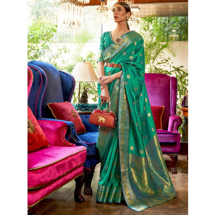 Odette Green Woven Design Silk Blend Handloom Saree with Unstitched Blouse for Women