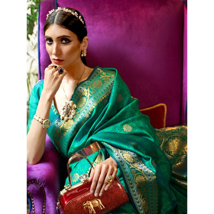 Odette Green Woven Design Silk Blend Handloom Saree with Unstitched Blouse for Women