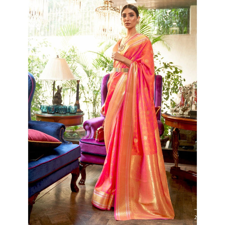 Odette Orange Woven Design Silk Blend Handloom Saree with Unstitched Blouse for Women