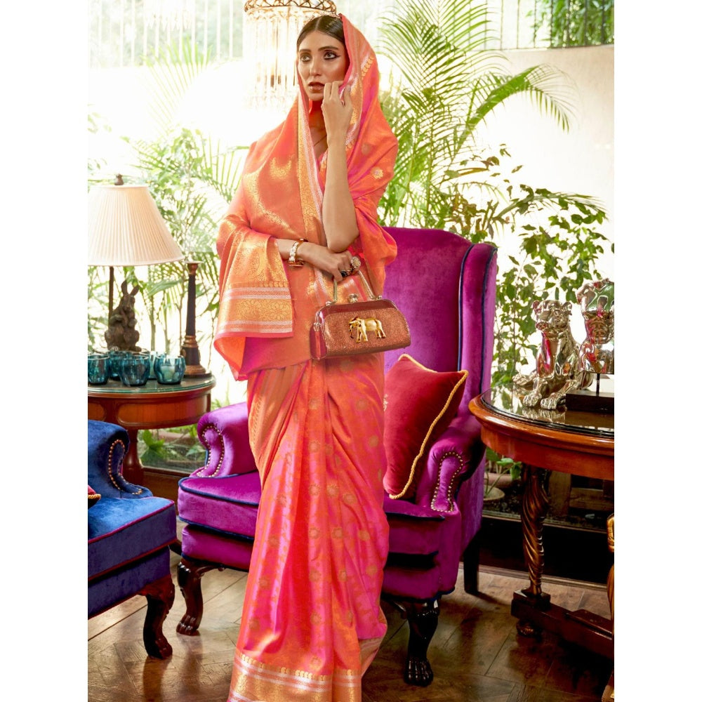 Odette Orange Woven Design Silk Blend Handloom Saree with Unstitched Blouse for Women