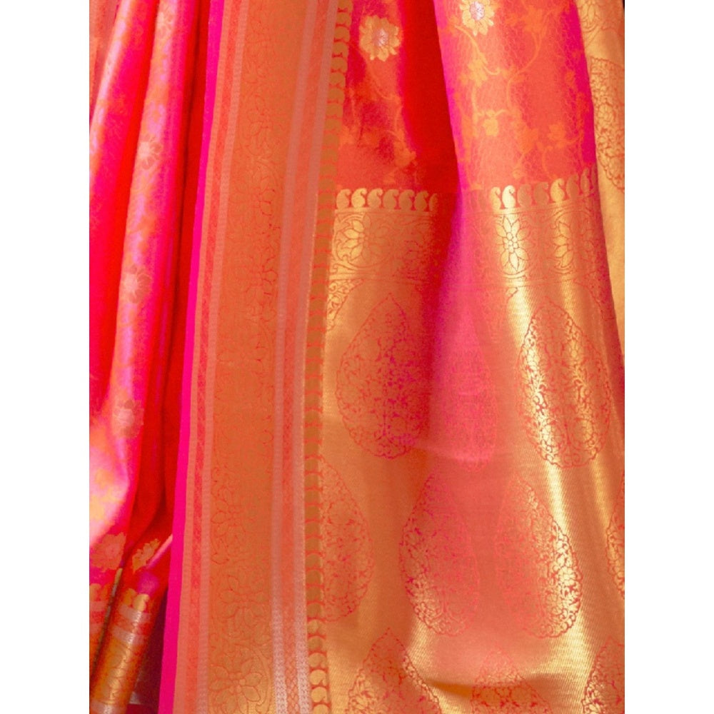 Odette Orange Woven Design Silk Blend Handloom Saree with Unstitched Blouse for Women