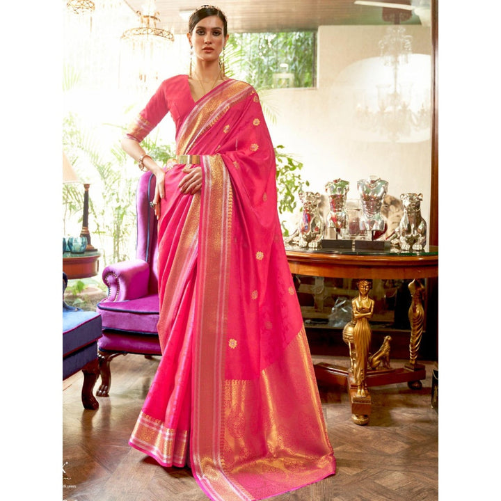 Odette Pink Woven Design Silk Blend Handloom Saree with Unstitched Blouse for Women