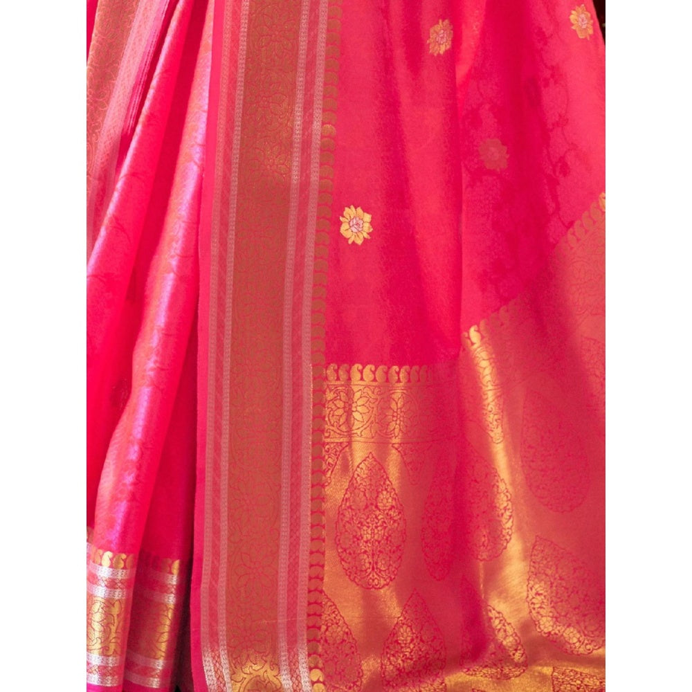 Odette Pink Woven Design Silk Blend Handloom Saree with Unstitched Blouse for Women