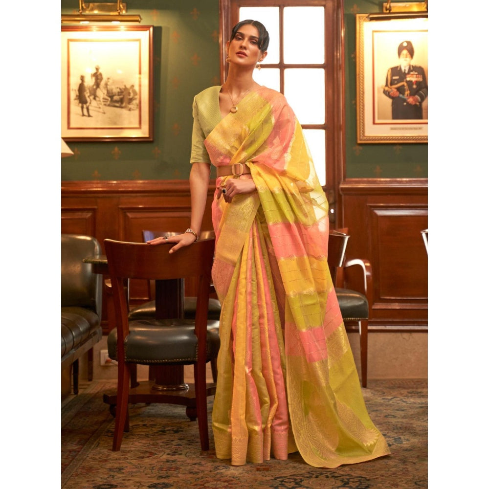 Odette Yellow Woven Design Organza Handloom Saree with Unstitched Blouse for Women