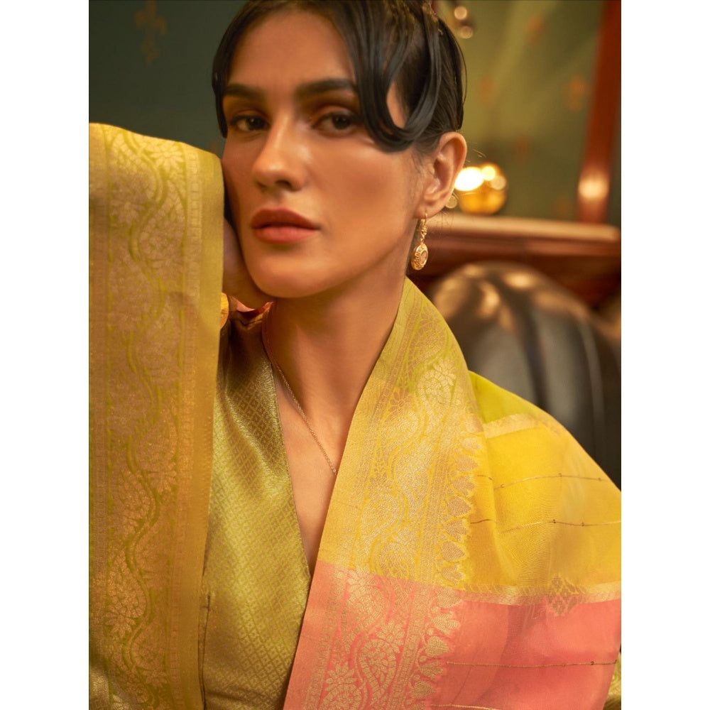 Odette Yellow Woven Design Organza Handloom Saree with Unstitched Blouse for Women