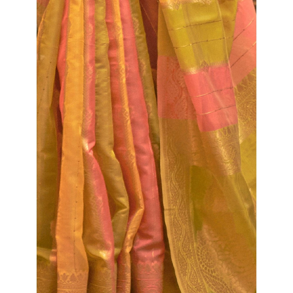 Odette Yellow Woven Design Organza Handloom Saree with Unstitched Blouse for Women