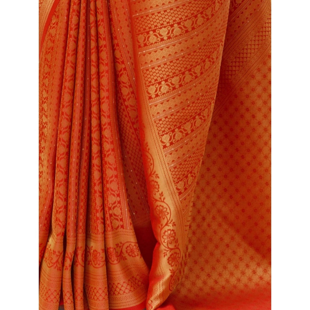 Odette Orange Woven Design Silk Blend Handloom Saree with Unstitched Blouse for Women