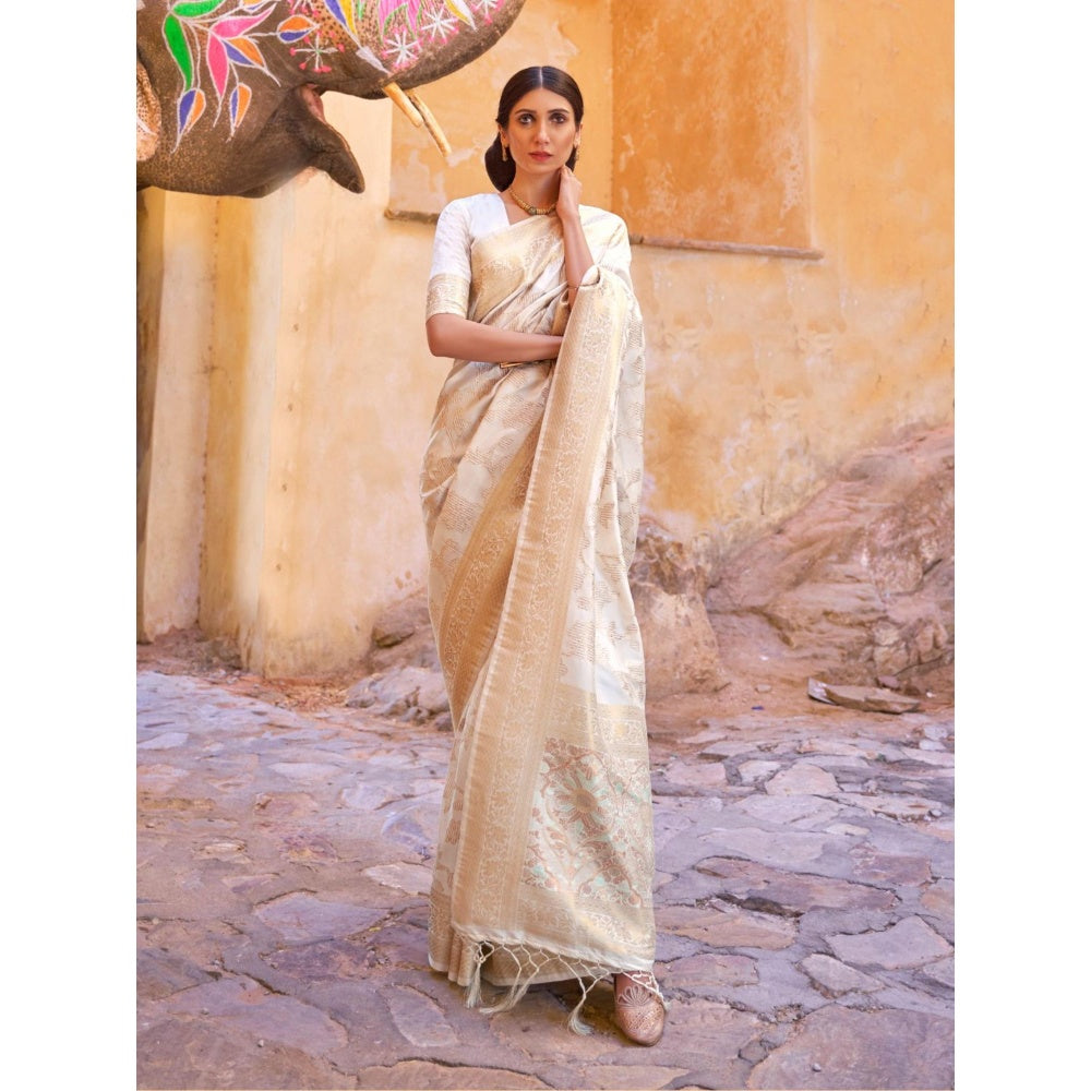 Odette Off White Woven Design Silk Blend Handloom Saree with Unstitched Blouse for Women