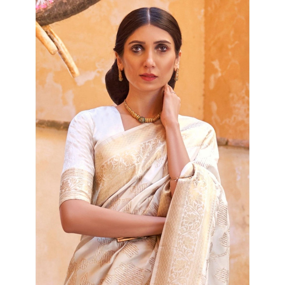 Odette Off White Woven Design Silk Blend Handloom Saree with Unstitched Blouse for Women