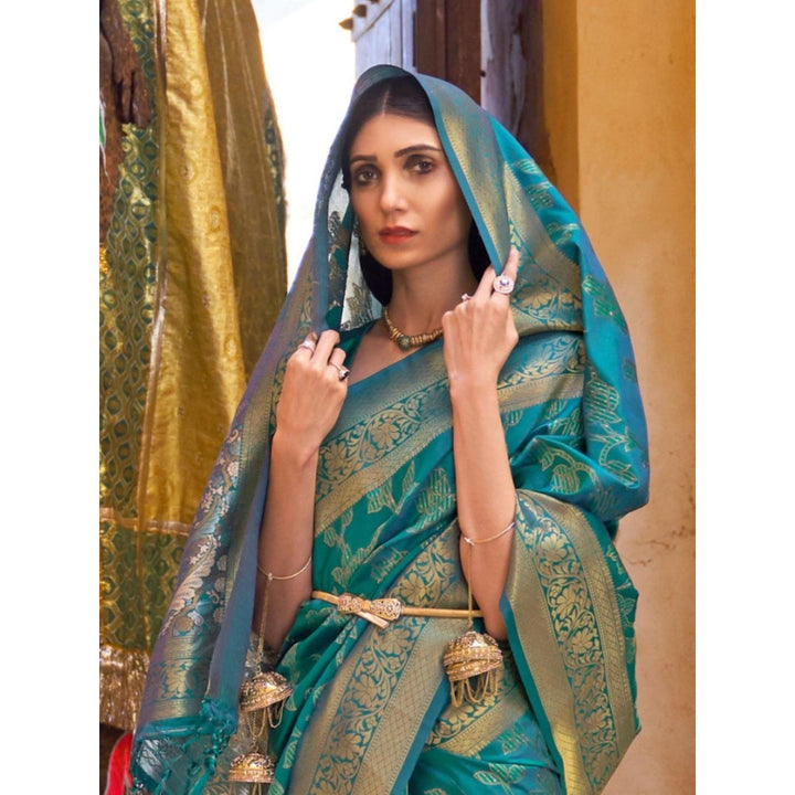 Odette Teal Woven Design Silk Blend Handloom Saree with Unstitched Blouse for Women