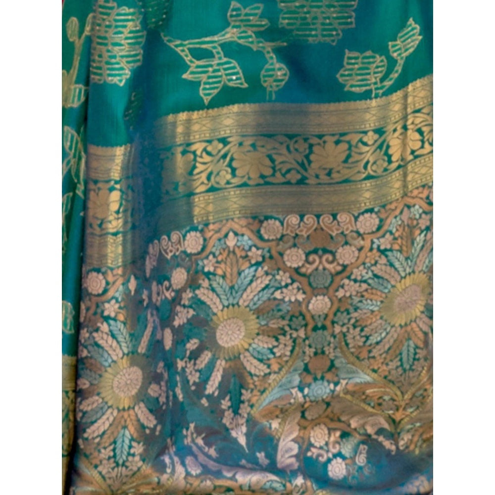 Odette Teal Woven Design Silk Blend Handloom Saree with Unstitched Blouse for Women