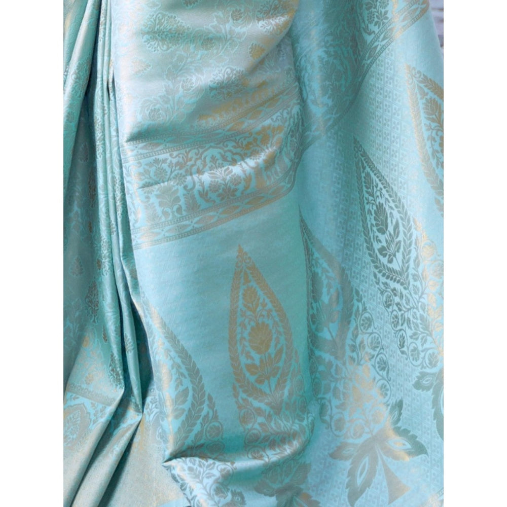 Odette Blue Woven Design Silk Blend Handloom Saree with Unstitched Blouse for Women