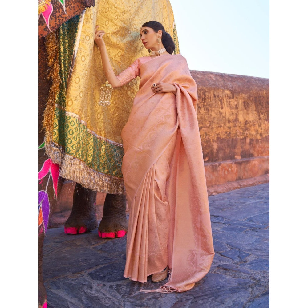 Odette Peach Woven Design Silk Blend Handloom Saree with Unstitched Blouse for Women