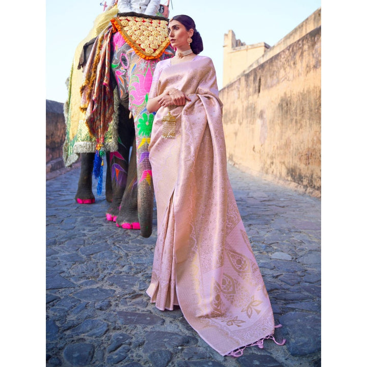 Odette Pink Woven Design Silk Blend Handloom Saree with Unstitched Blouse for Women