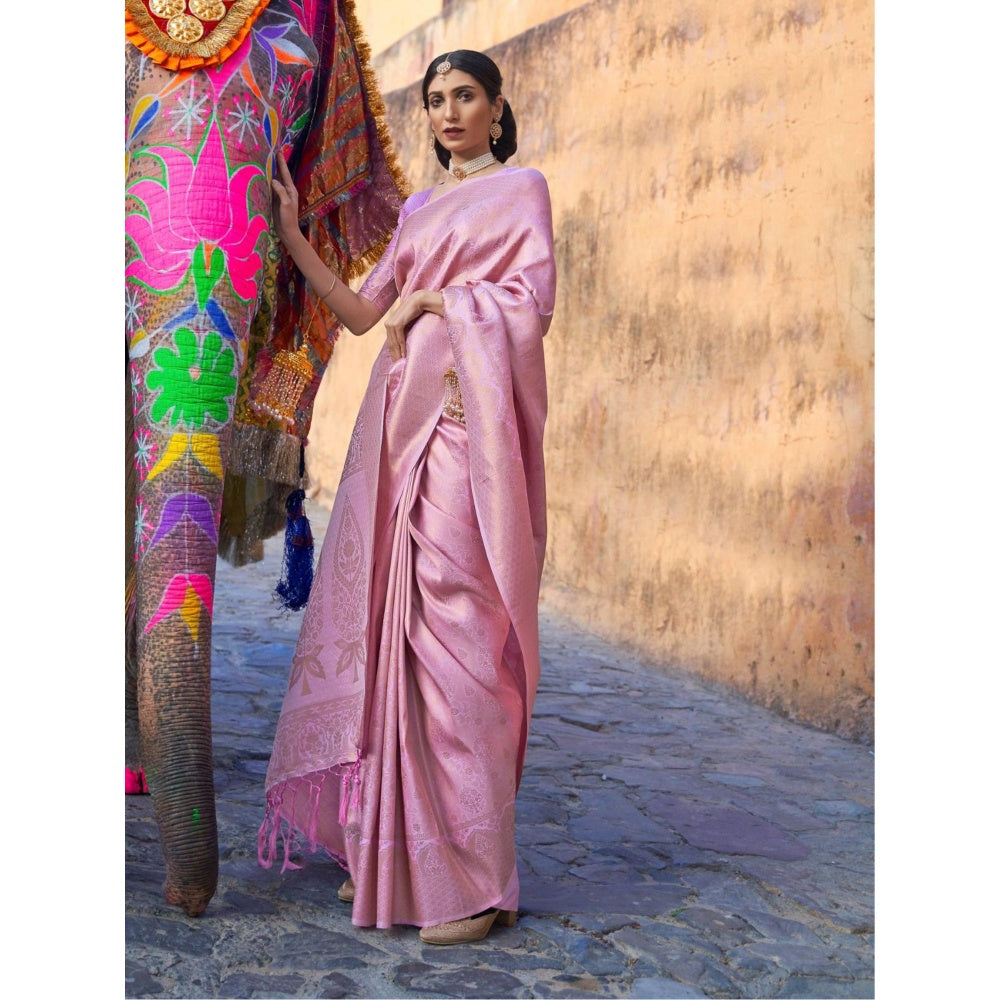 Odette Pink Woven Design Silk Blend Handloom Saree with Unstitched Blouse for Women