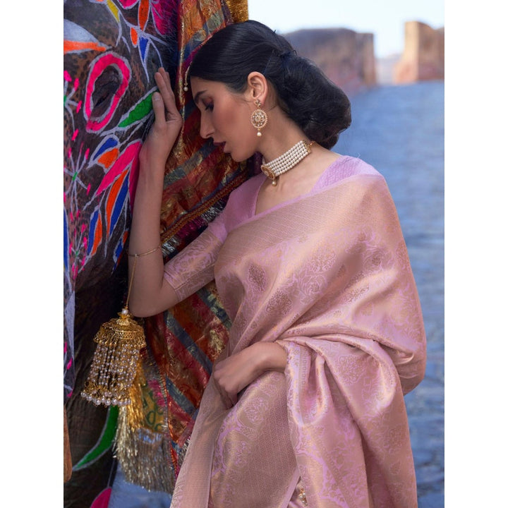 Odette Pink Woven Design Silk Blend Handloom Saree with Unstitched Blouse for Women