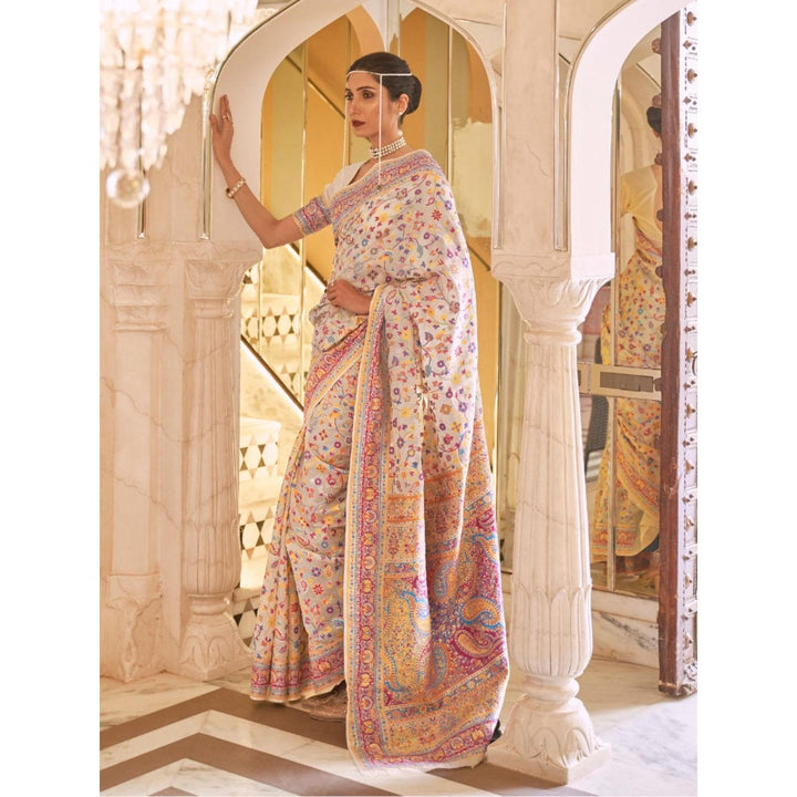 Odette Beige Floral Printed Silk Blend Printed Saree with Unstitched Blouse for Women