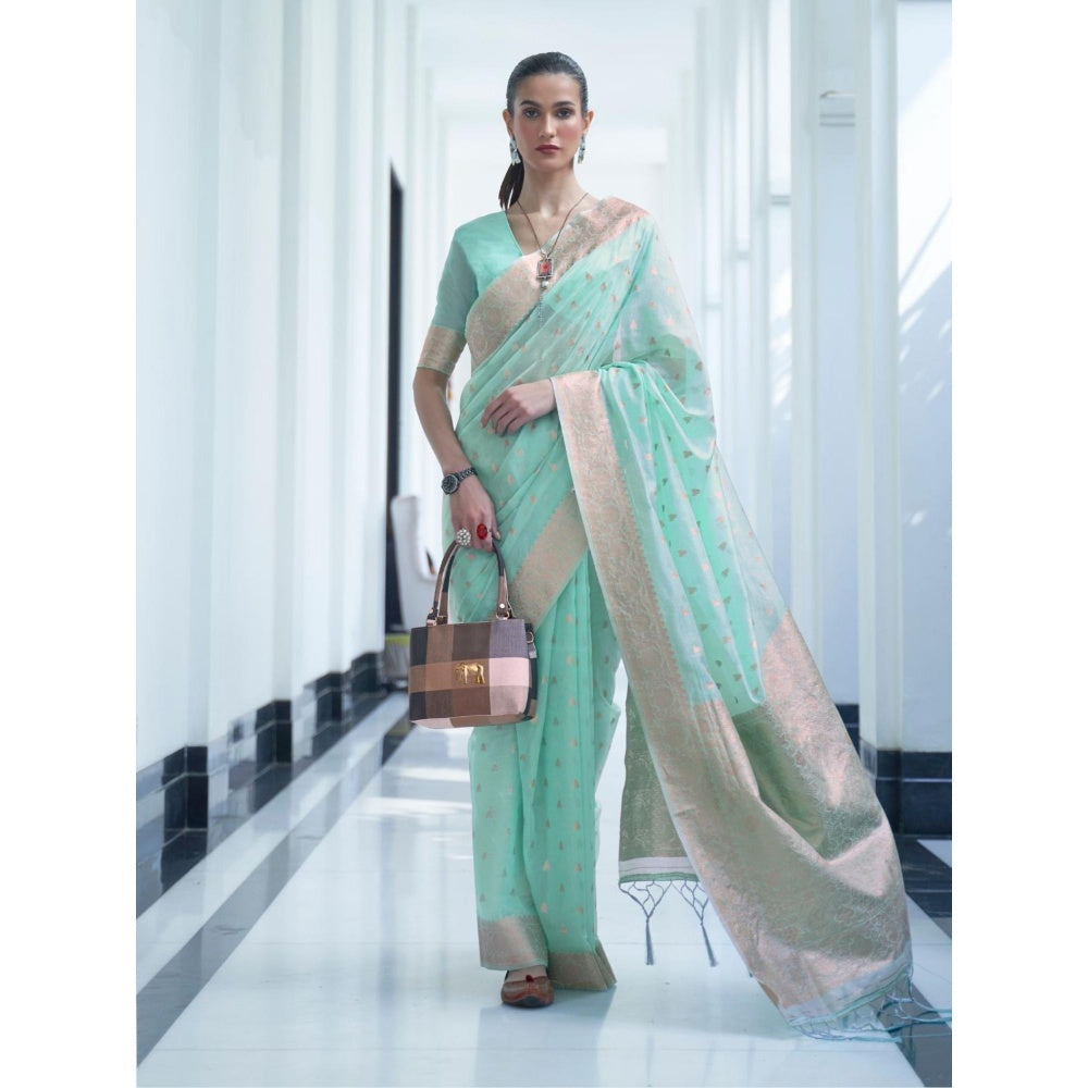 Odette Sea Green Woven Design Silk Blend Handloom Saree with Unstitched Blouse for Women