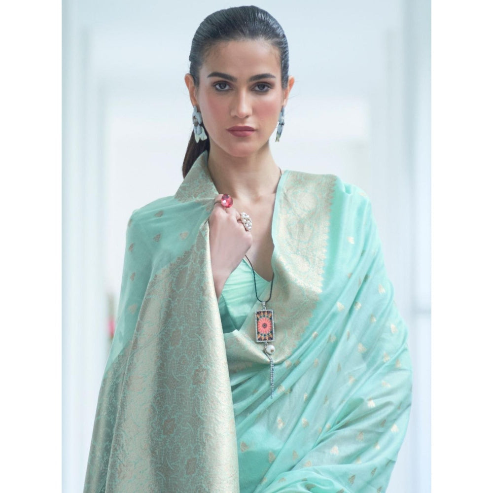 Odette Sea Green Woven Design Silk Blend Handloom Saree with Unstitched Blouse for Women