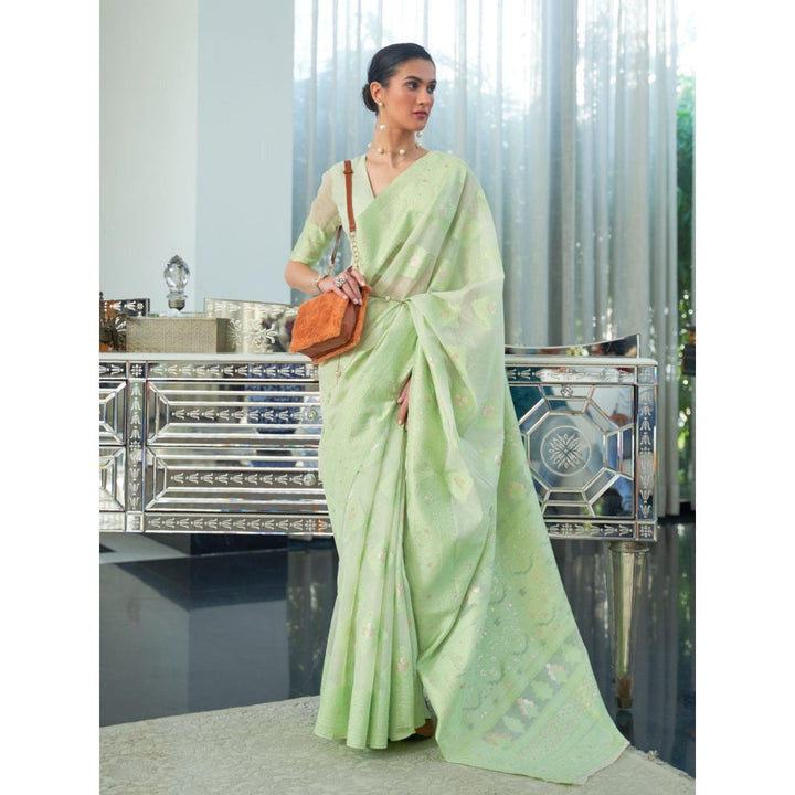 Odette Light Green Woven Design Cotton Blend Handloom Saree with Unstitched Blouse for Women