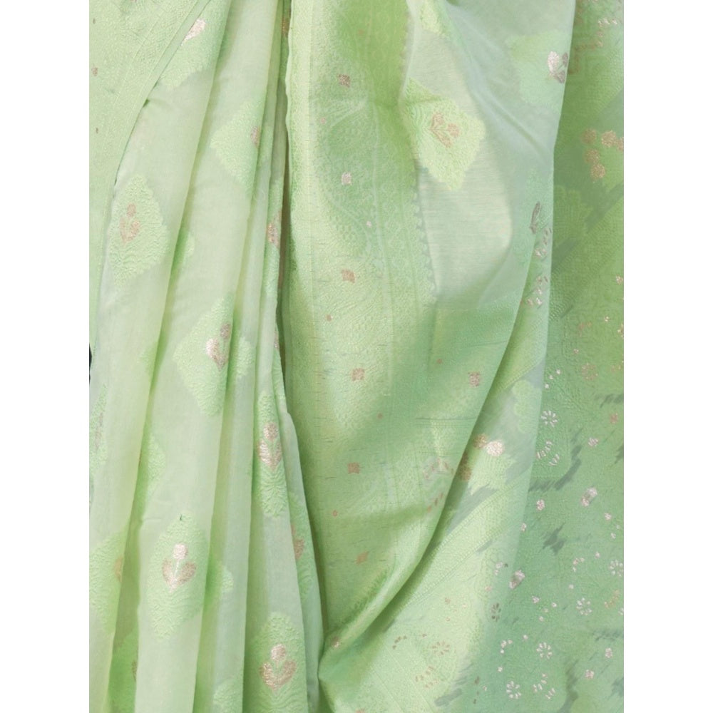 Odette Light Green Woven Design Cotton Blend Handloom Saree with Unstitched Blouse for Women