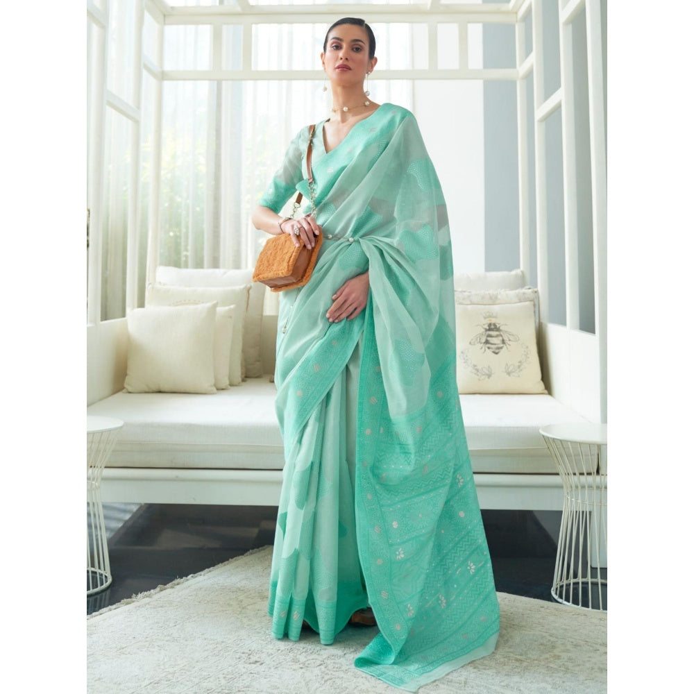 Odette Sea Green Woven Design Cotton Blend Handloom Saree with Unstitched Blouse for Women