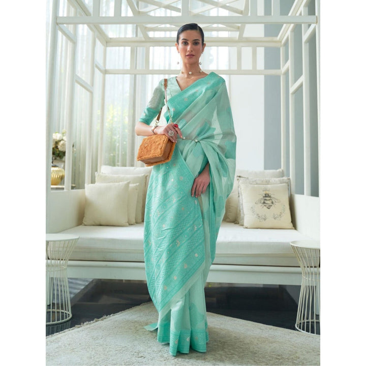 Odette Sea Green Woven Design Cotton Blend Handloom Saree with Unstitched Blouse for Women