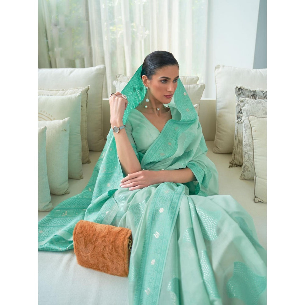 Odette Sea Green Woven Design Cotton Blend Handloom Saree with Unstitched Blouse for Women