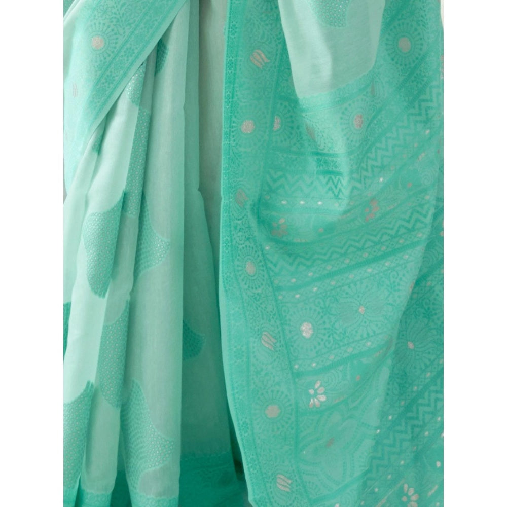 Odette Sea Green Woven Design Cotton Blend Handloom Saree with Unstitched Blouse for Women