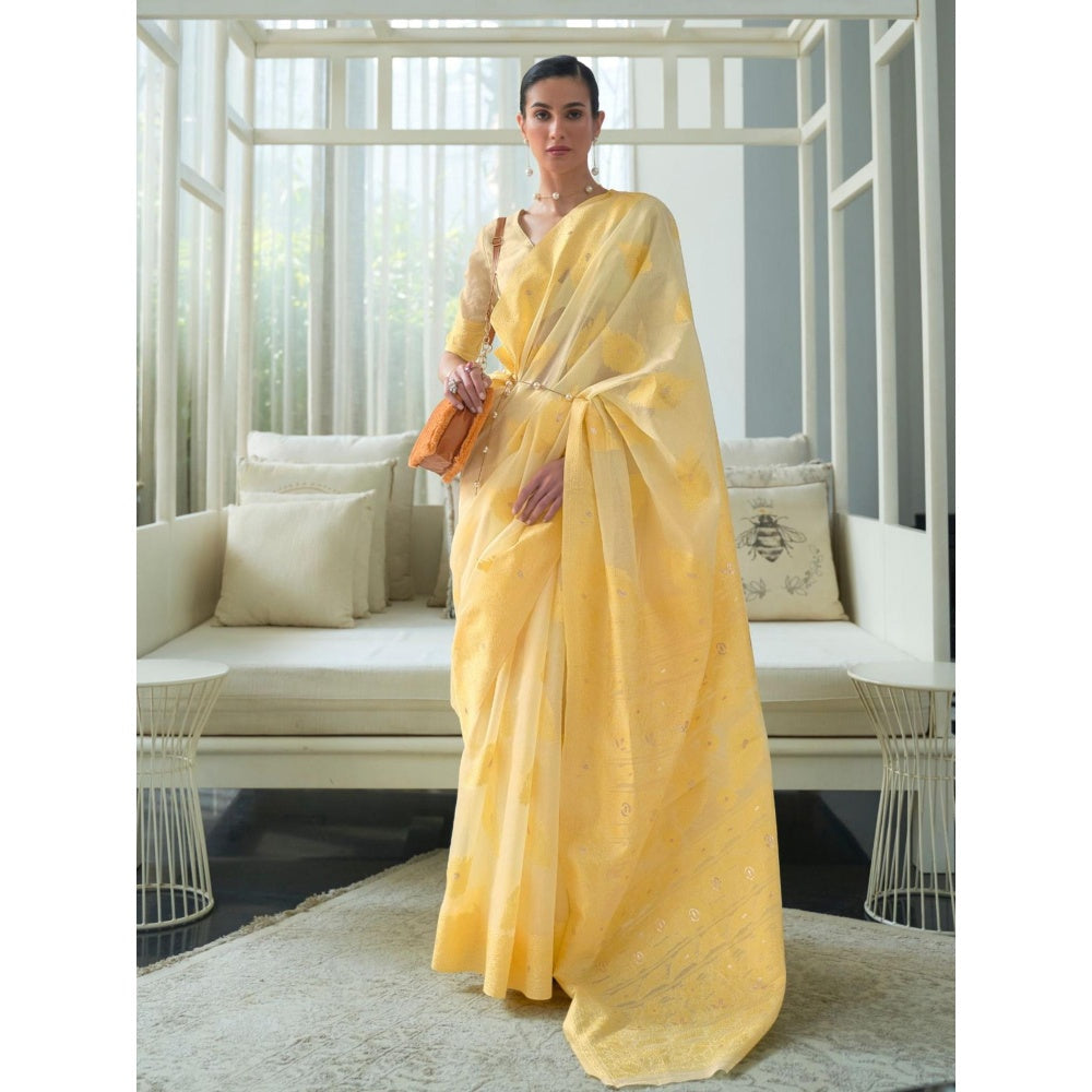 Odette Yellow Woven Design Cotton Blend Handloom Saree with Unstitched Blouse for Women