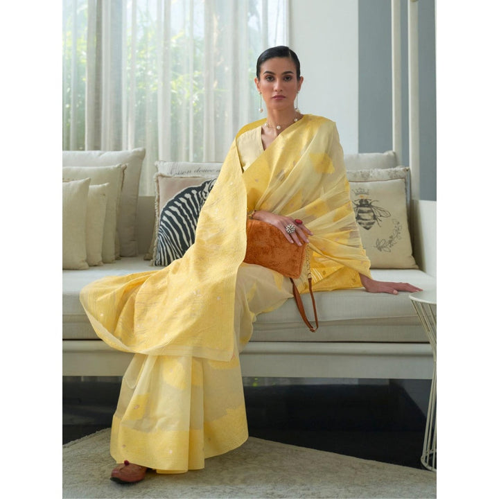 Odette Yellow Woven Design Cotton Blend Handloom Saree with Unstitched Blouse for Women