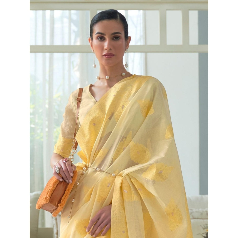 Odette Yellow Woven Design Cotton Blend Handloom Saree with Unstitched Blouse for Women