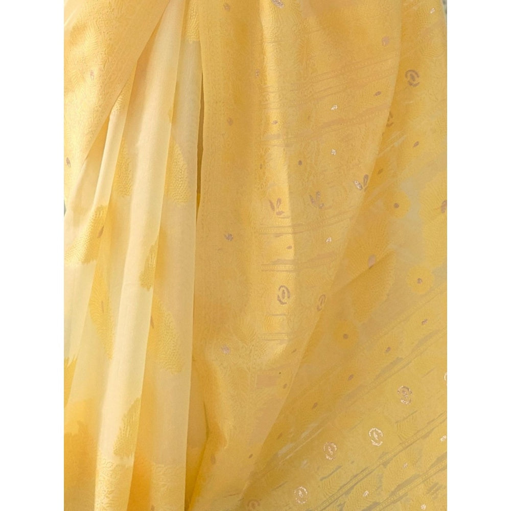 Odette Yellow Woven Design Cotton Blend Handloom Saree with Unstitched Blouse for Women