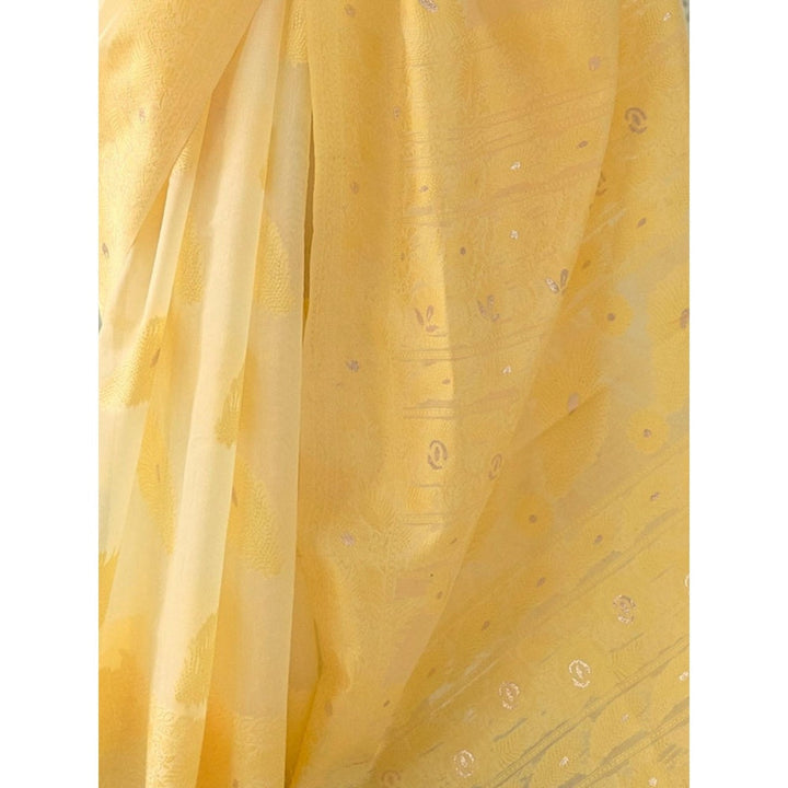 Odette Yellow Woven Design Cotton Blend Handloom Saree with Unstitched Blouse for Women