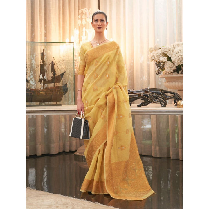 Odette Mustard Woven Design Silk Blend Handloom Saree with Unstitched Blouse for Women