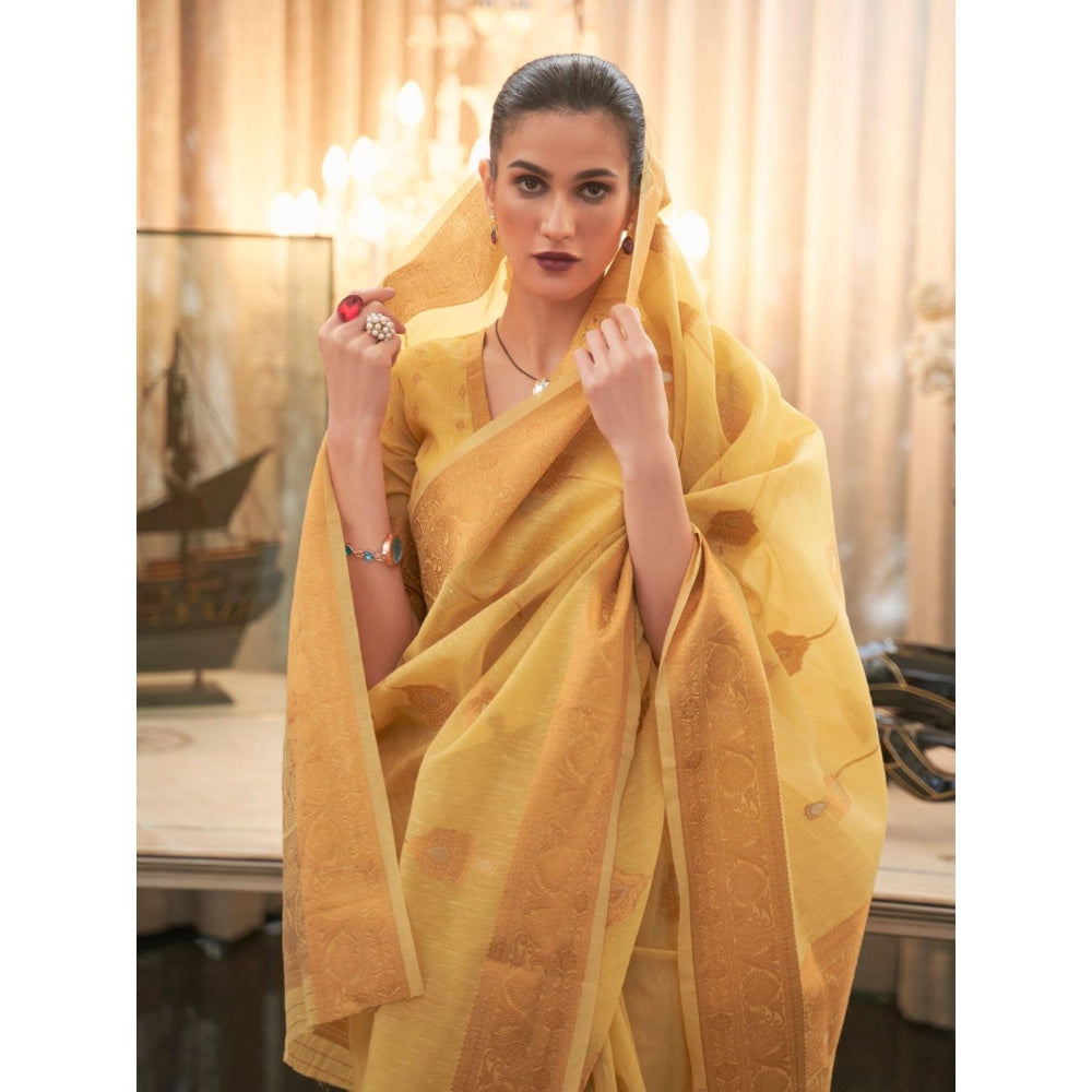 Odette Mustard Woven Design Silk Blend Handloom Saree with Unstitched Blouse for Women