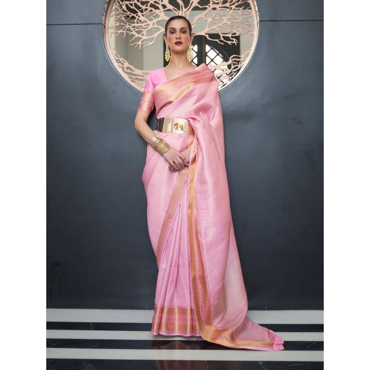 Odette Pink Woven Design Silk Blend Handloom Saree with Unstitched Blouse for Women