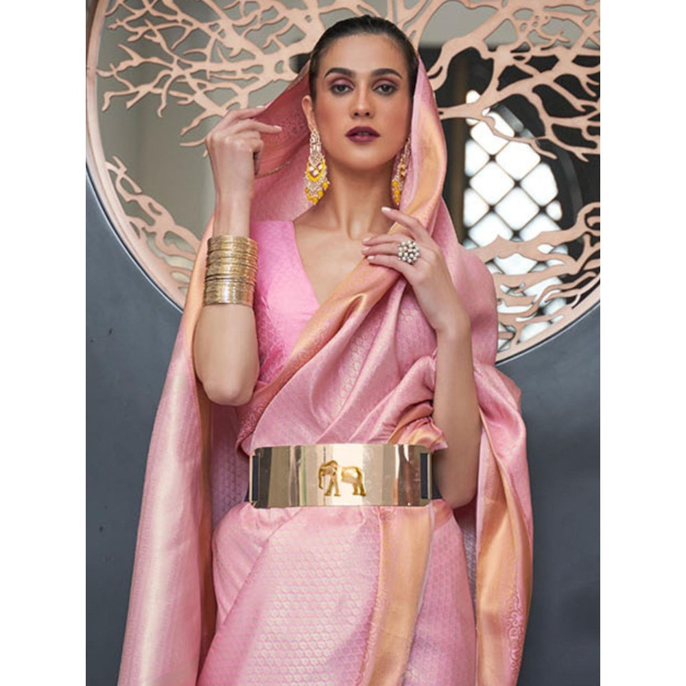 Odette Pink Woven Design Silk Blend Handloom Saree with Unstitched Blouse for Women