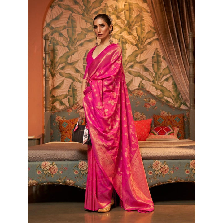 Odette Pink Woven Design Silk Blend Handloom Saree with Unstitched Blouse for Women