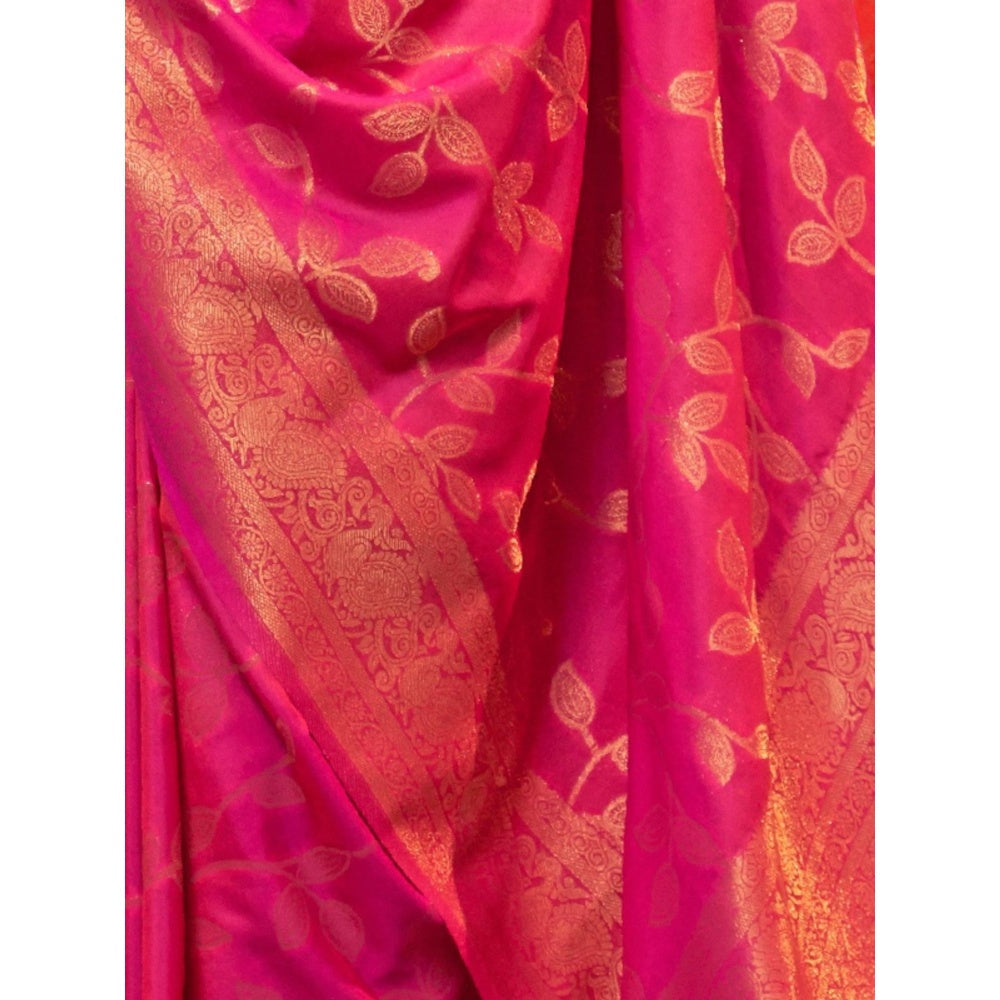 Odette Pink Woven Design Silk Blend Handloom Saree with Unstitched Blouse for Women