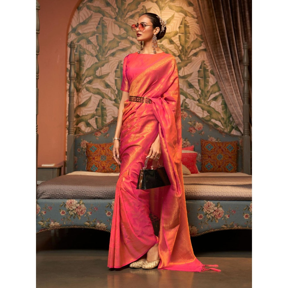 Odette Orange Woven Design Silk Blend Handloom Saree with Unstitched Blouse for Women