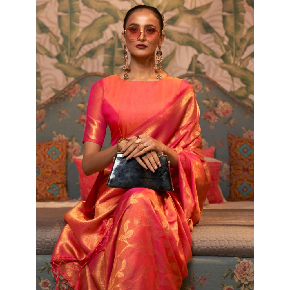 Odette Orange Woven Design Silk Blend Handloom Saree with Unstitched Blouse for Women