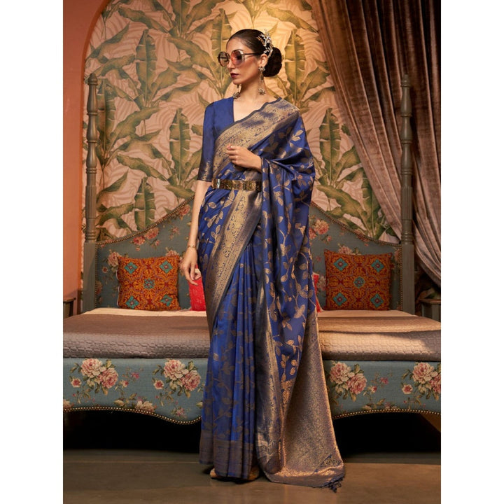 Odette Navy Blue Woven Design Silk Blend Handloom Saree with Unstitched Blouse for Women