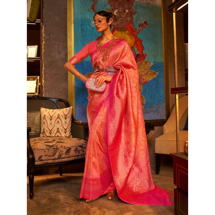 Odette Orange and Pink Woven Design Silk Blend Handloom Saree with Unstitched Blouse for Women